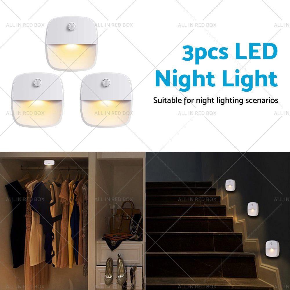 3 PCS Cordless Battery-Powered LED Night Light Motion Sensor Light-Warm White