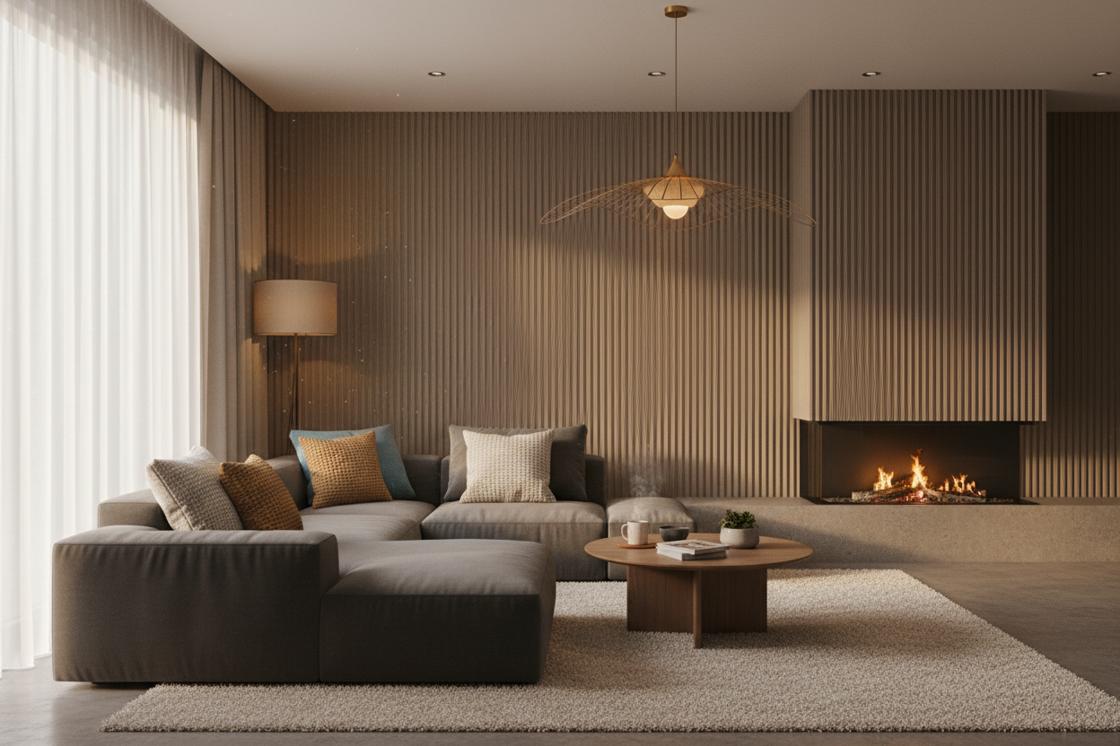 Cozy living room with wall, lighting and couch